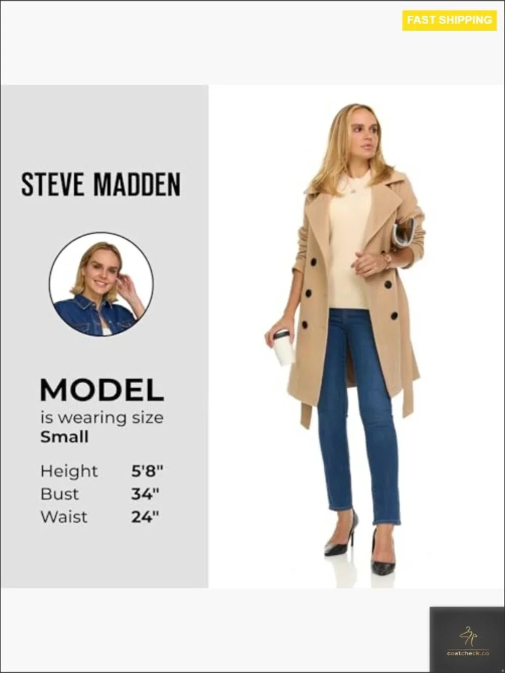 Double-Breasted Trench Coat Faux Wool Classic Elegant Winter Overcoat Fitted - Picture 6 of 7